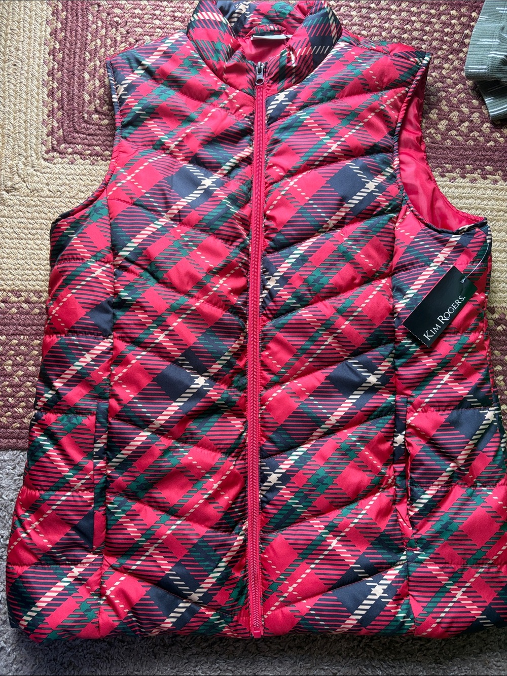 Kim Rogers Red Plaid Quilted Puffer Vest with Navy & Green Accents